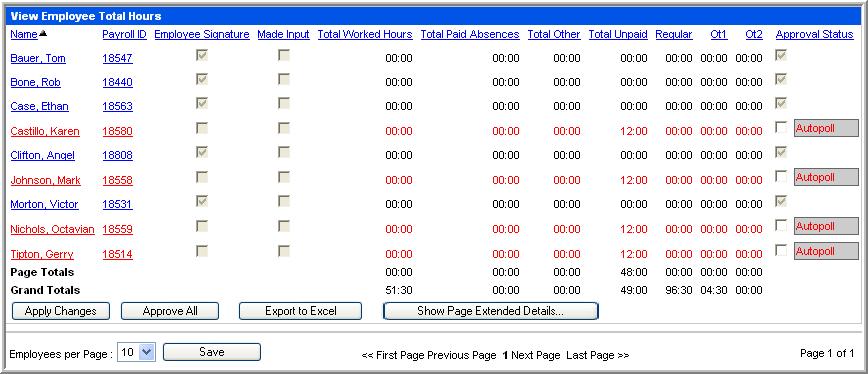 QUICK TOUR 4. Click the Go button. The View Employee Total Hours window displays for the date, or date range, selected. Note: The Made Input is a read only field.