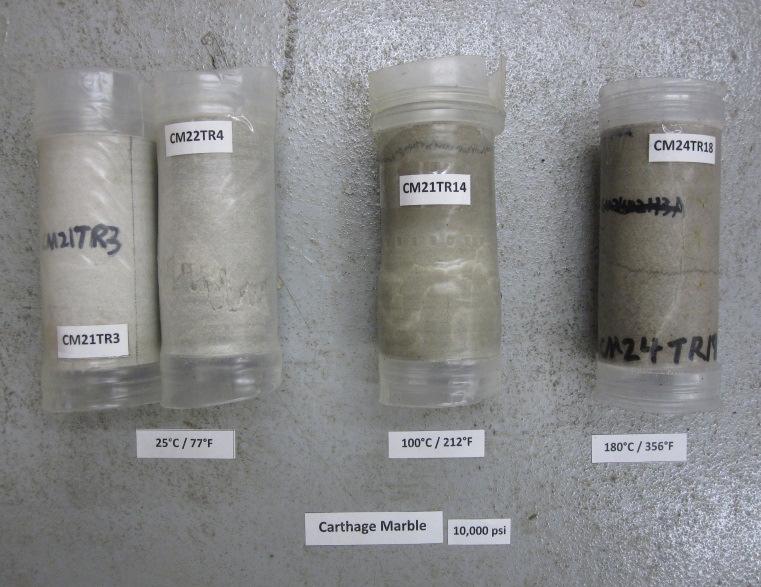 Fig. 6. Specimens of Carthage Marble after triaxial compressive tests at 69 MPa (1 ksi) The results of the regression analysis on the Carthage Marble test specimens are shown in Table 3.