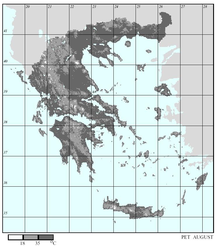 Figure 5: Spatial distribution of mean daily values of Physiological Equivalent Temperature (PET) in Greece at 12 UTC for August As an example for bioclimate maps, the spatial distribution of mean
