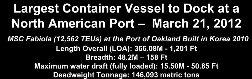 Largest Container Vessel to Dock at a North American Port March 21, 2012 MSC Fabiola (12,562 TEUs)