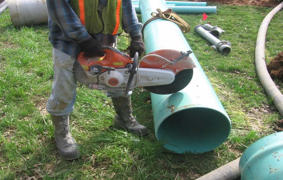 FIELD CUTTING: PVC pipe can be easily cut with a power handsaw or power-driven abrasive disc. Be sure you make a square cut.