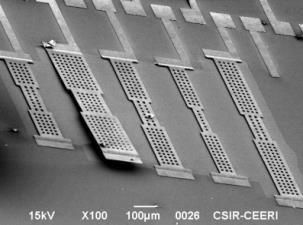47 (a)-(d) shows SEM micrographs of cantilever array, beams, switch and test structure released using CPD.
