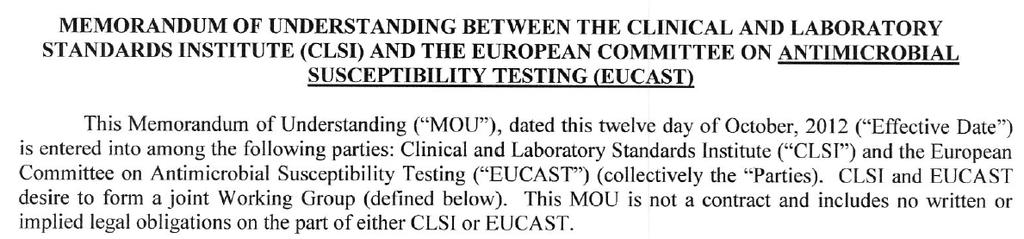 Colistin / polymixin B breakpoints Initiative to set common EUCAST and CLSI breakpoints Memorandum of Understanding (MOU) - signed Oct-12, 2012 and effective Nov-1, 2012 Nov 1, 2013 Creation of ad