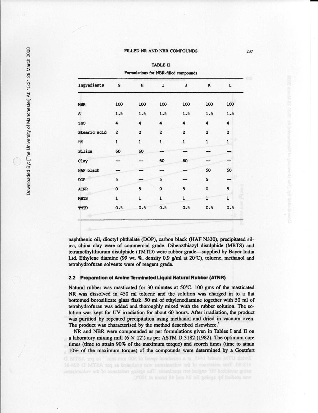 FILLED NR AND NBR COMPOUNDS 237 TABLE II Formulations for NBR-filled compounds Ingredients G H I J K L NBR 100 100 100 100 100 100 S 1.5 1.