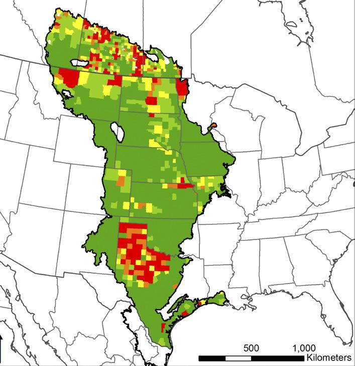 AREAS OF GREATEST GRASSLAND CONVERSION: Compared to the average conversion rate across the Great Plains from 2014-2015, counties in red experienced the highest rates of conversion