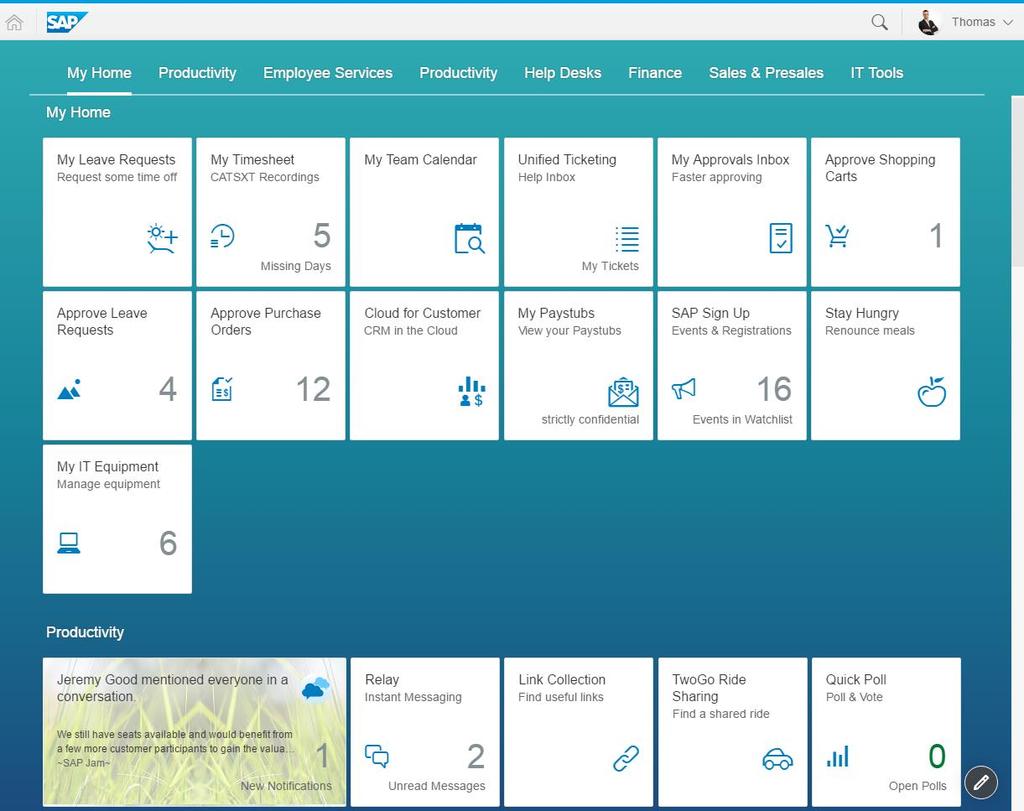 Customer showcase: employee portal site SAP runs SAP: central access to self-services via SAP Cloud Platform for 74.