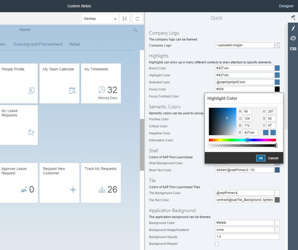 UI theme designer Apply your corporate branding Browser-based tool to create new themes and adapt appearance of SAP applications Easily apply corporate branding to SAP Fiori launchpad and