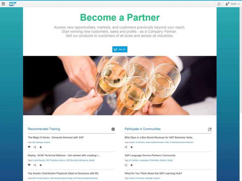 Accelerator: Partner Portal for SAP Cloud for Customer (Sales) Provide your partners a central, web-based access point to intuitive self-services for jointly managing sales activities Self-register