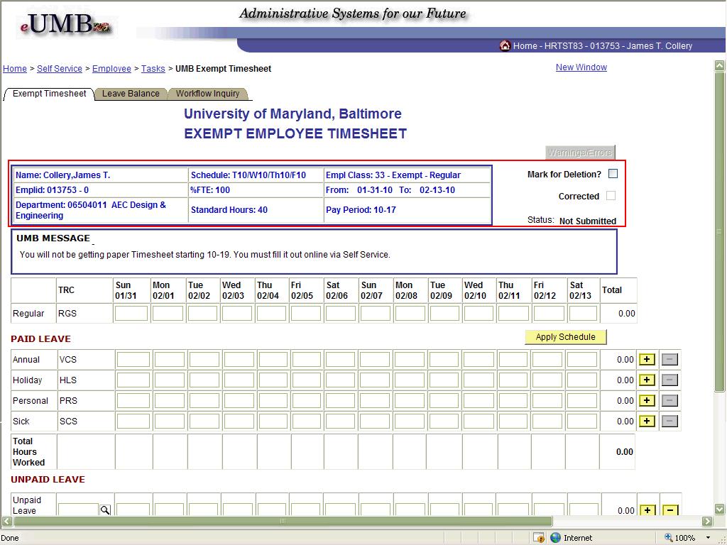 16. This is the UMB Exempt Timesheet. There are three tabs available at the top of the page.
