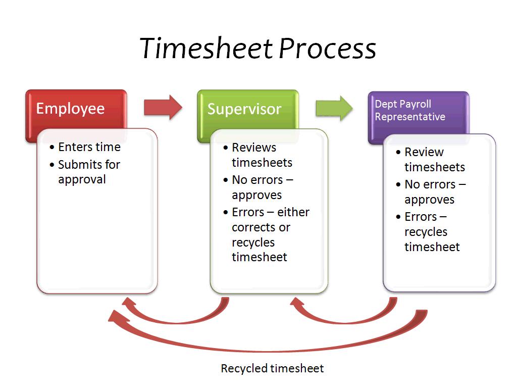 2. Timesheet Process This diagram depicts the process that a timesheet goes through electronically. To start, the employee is responsible for entering his or her time and submitting it for approval.