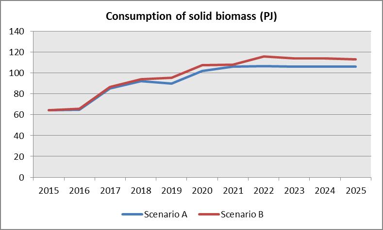 Figure 16: Consumption of solid biomass will increase dramatically up to 2020, but it is sensitive to changes in biomass prices.