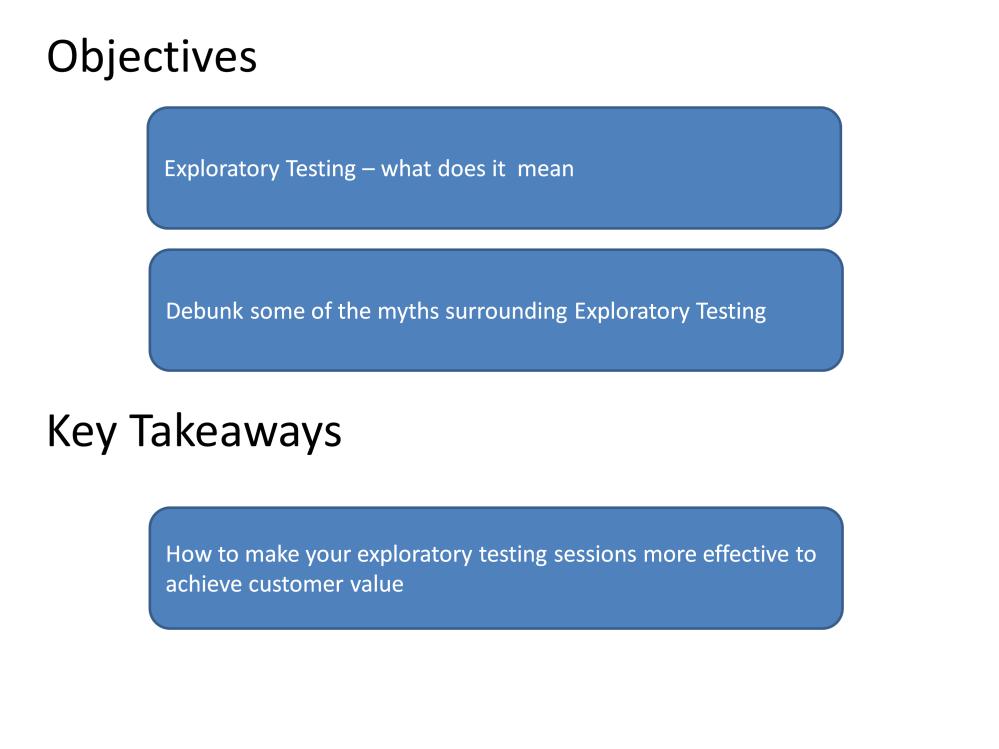 Objectives: In this talk, I want to talk about: a. What does it mean when folks say, I am doing Exploratory Testing, why is it important in Agile, etc b.