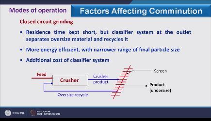 (Refer Slide Time: 25:46) Here I am having the, another mood of operation which we call closed circuit grinding. Now in this what will happen this is the crusher feed enters from one side.