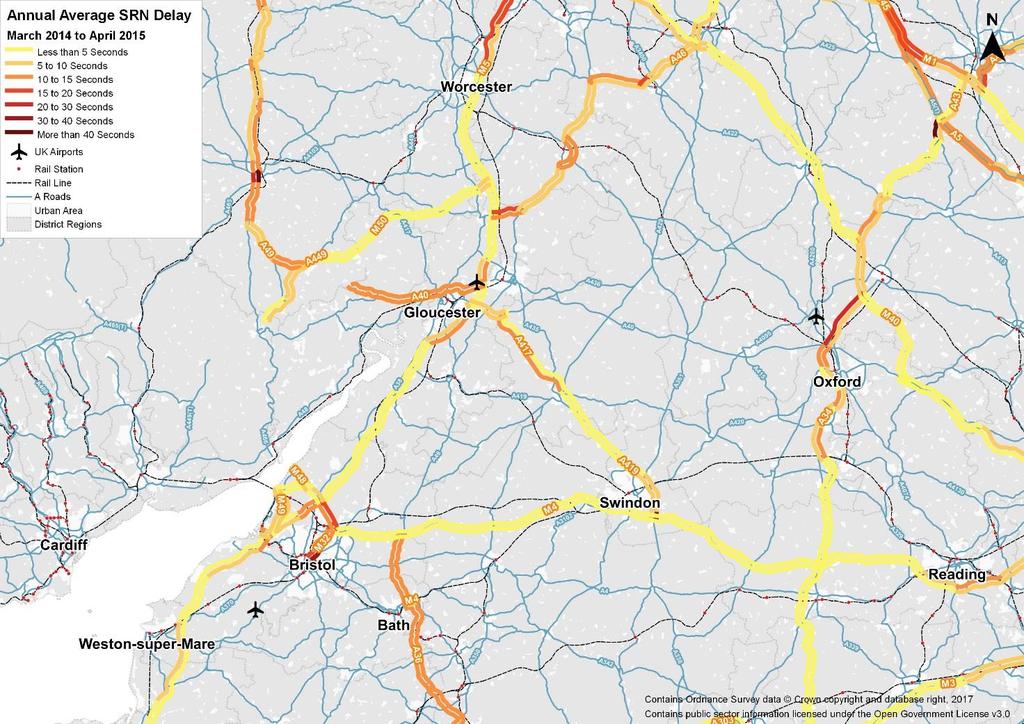 Figure 112 Average Annual SRN Delay, April 2014 March 2015 61 This shows delay hotspots on the M5 between Junctions 18 and 19 (Avonmouth Bridge) and Junctions 15 and 17 (Almondsbury Interchange to