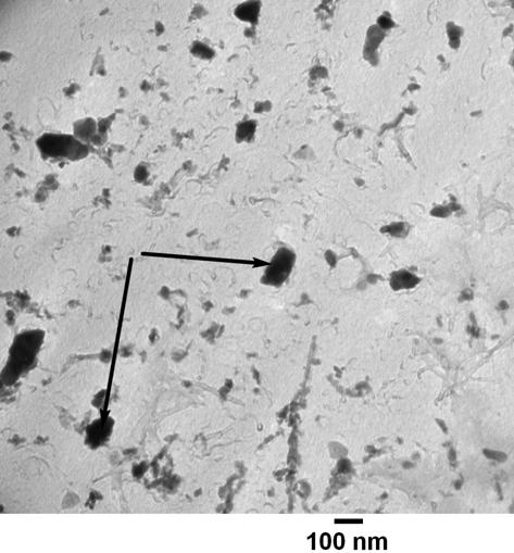 Figure 4-8 TEM micrograph of the replica extracted precipitates (shown by arrows) from the sample water-quenched from 890 C and aged at 500 C for 550 hours Table 4-4 Average chemical composition of