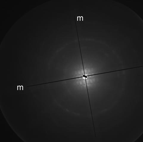 a b c Figure 4-9 Convergent beam electron diffraction (CBED) patterns of the extracted precipitates from the sample water-quenched from 890 C and aged at 500 C for 1100 hr showing a) m (mirror plane)