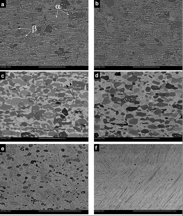 Figure 3-2 Electron back-scattered SEM micrographs of a) as received, and water quenched samples after 2 hours solution treatment at b)