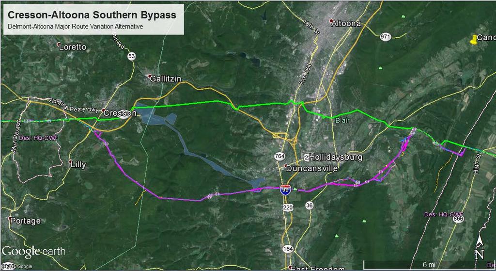 Figure 18: Cresson-Altoona Southern Bypass Note: green = original proposed route; pink/purple = proposed alternate route; blue gray shaded area = Allegheny Portage Railroad Historic Site/Property 2.