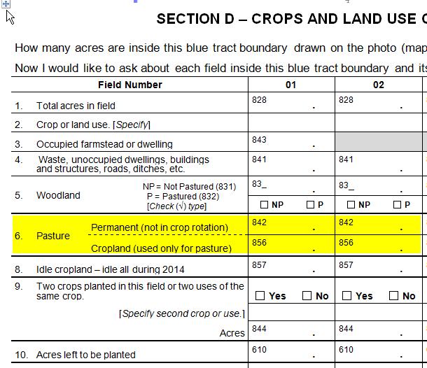 Section D: It's a Fine Line Line 6: Pasture Land normally grazed by livestock. Permanent Pasture Not in regular crop-pasture rotation.