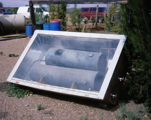 Cold water first passes through the solar collector, which preheats the