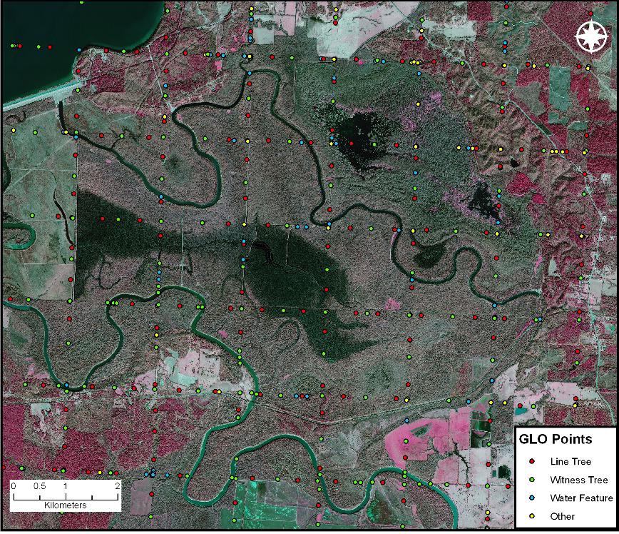 ERDC TN-EMRRP-EBA-9 Figure 8. The distribution of observations made by the GLO surveyors, superimposed on a recent image of the Lower Little River Bottoms.