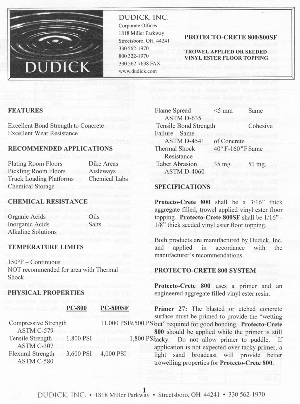 DUDICK, Corporate Offices INC. 1818 Miller Parkway Streetsboro, OH 44241 330562-1970 800322-1970 330 562-7638 FAX www.dudick.