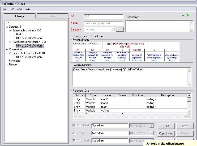 Example of a Screen Shot of a LIMS Stability Module- Formula Builder