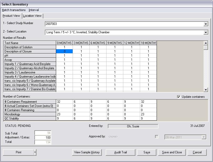 Example of a Screen Shot of a LIMS Stability Module- Select Inventory 1.