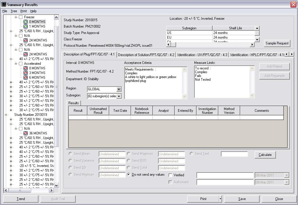 Example of a Screen Shot of a LIMS Stability Test Module- Summary Window 1. Allow for entry of results 2.