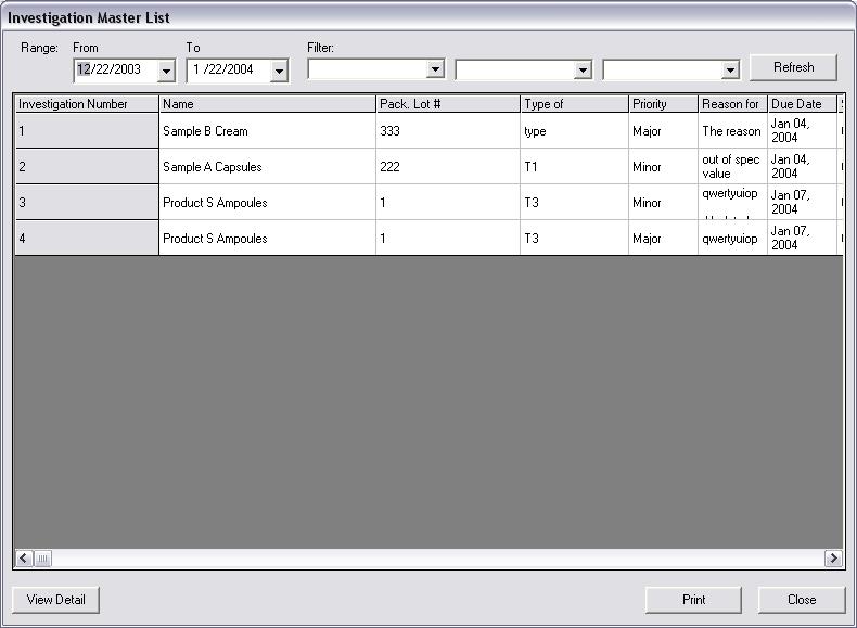 Example of a Screen Shot of a LIMS Stability Module- Investigation Master List 1.