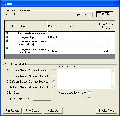 Example of a Screen Shot of a LIMS Stability Module-P-Value Calculations 1.