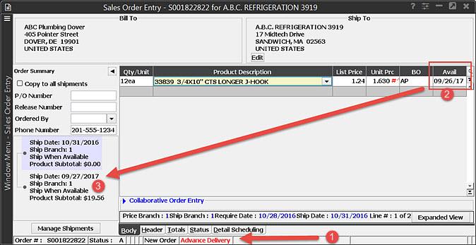 Rel. 9.0.3 Advanced Delivery Scheduling 1. The order is using Advanced Delivery. The status bar on the order provides an indicator. 2.