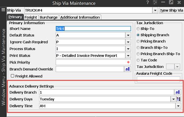 Rel. 9.0.3 Advanced Delivery Scheduling Adding Advanced Delivery Scheduling Settings for Ship Vias Use Ship Via Maintenance to set delivery branches, days, and times for each ship via.