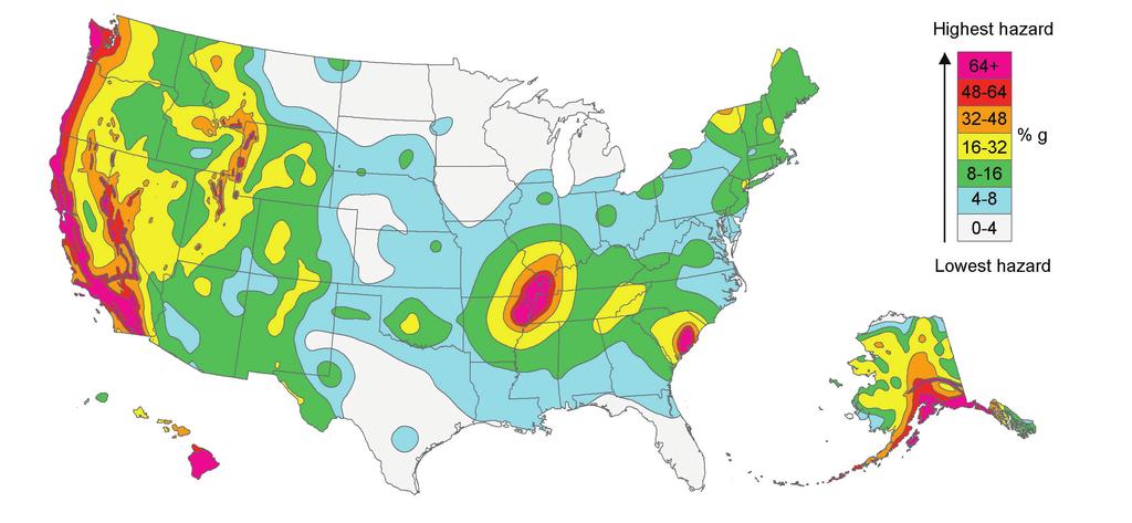 DESIGNING FOR EARTHQUAKES Source: U.S. Geological Survey Figure 1 The U.S. Geological Survey (USGS) National Seismic Hazard Map Values of mapped acceleration parameters and other seismic design parameters can be found on the U.