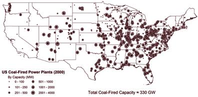 Figure 3.1 Distribution of U. S. Coal-Based Power Plants. Data from 2002 USEPA egrid database; Size Of Circles Indicate Power Plant Capacity.