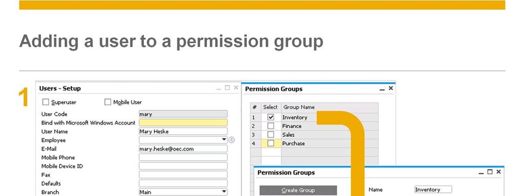 In the Users-Setup window, add a permission group to the user profile.