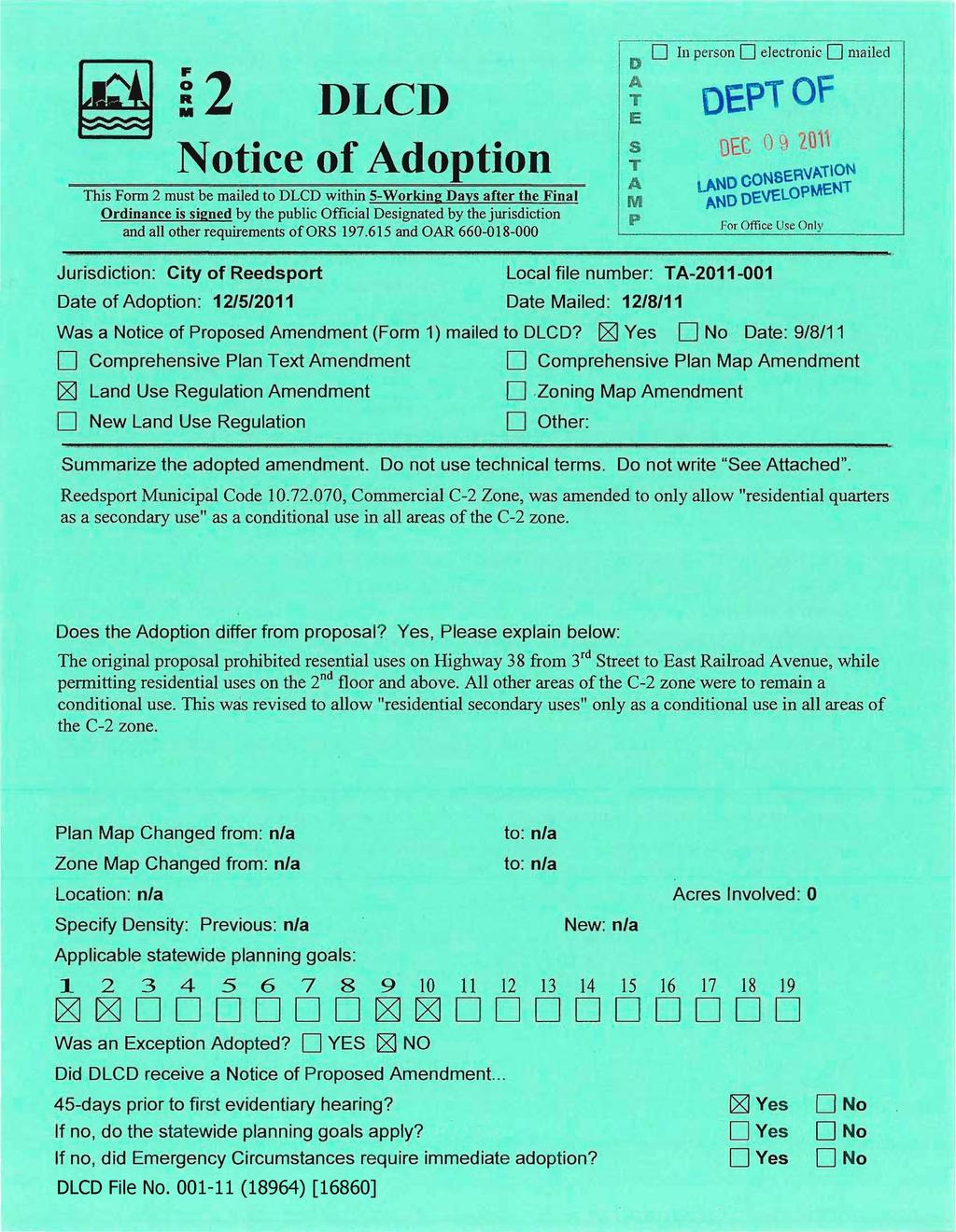 Iii H 2 O DLCD Iii person Q electronic Q mailed OEPT OF T Notice of Adoption DEC o 12011 T HESSSS?