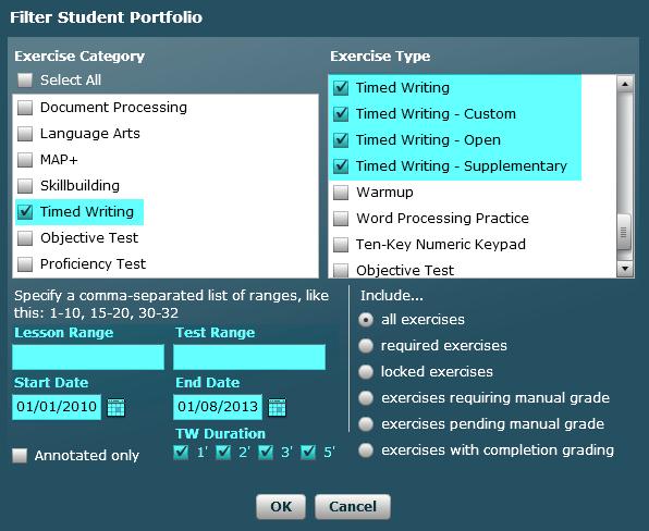 Student Portfolio Report Filter: Provides access to all timed writing results. Can be filtered by Timed Writing category, lesson and date range, duration, and so forth.