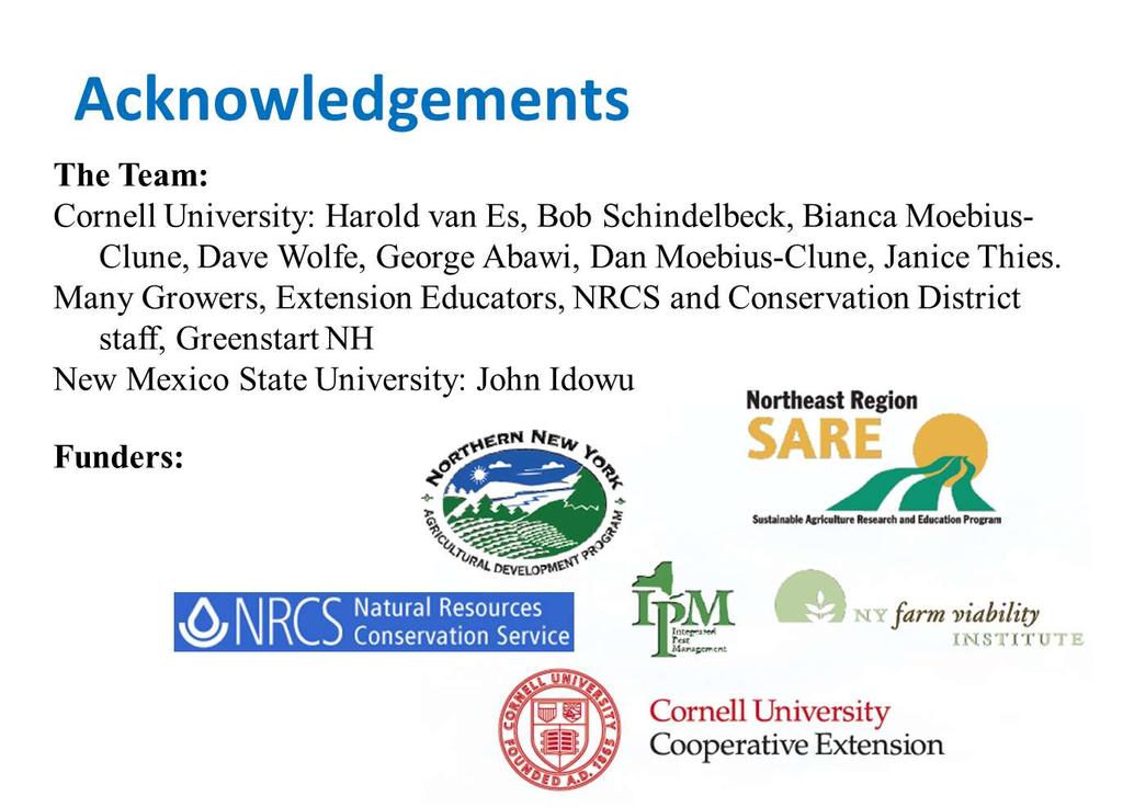 Acknowledgements The Core Development Team at Cornell University: George Abawi, Beth Gugino (now Penn State), John Idowu (now NMSU), Bianca Moebius-Clune (headed to NRCS), Dan Moebius-Clune, Bob
