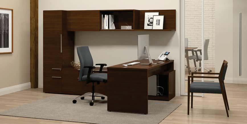 Wall-Mounted L Unit The classic peninsula desk extends the horizontal grain look all the way down to the floor.