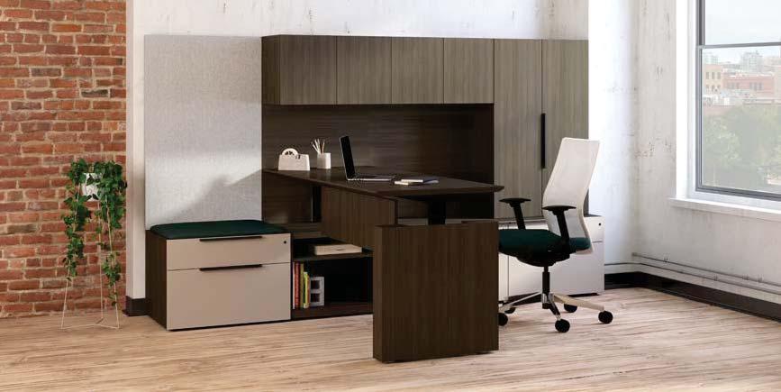 (Rectangular peninsula desk with end panel support, shown with open shelf and sliding door overhead storage, Protocol and Ramona seating) Pedestal Desk with