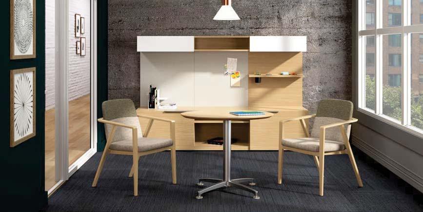 (Oval 4-star table, secondary height credenza, wall panels, and light-scale overhead storage, shown with Bourne seating) U Unit with Elevated Casework A new