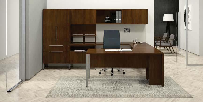 (Peninsula desk with integrated modesty panel, double door wardrobe, workwall featuring file shelves and tackboards, shown with Protocol seating) Wall-Mounted