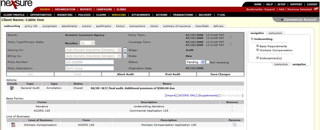 Nexsure Training Manual - CRM The underwriting tab is displayed. In the example below an expired policy term that has been sent to history is the term being audited.