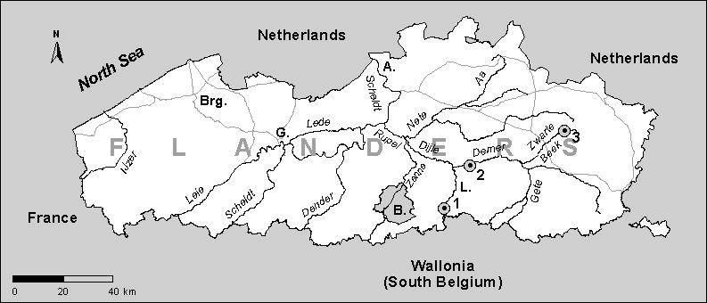 Figure 1: Location map of the three examined river basin wetland ecosystems. 1 = Doode Bemde, 2 = Vorsdonkbos, and 3 = Valley of the Zwarte Beek. B. = Brussels, A. = Antwerp, G. = Ghent, Brg.