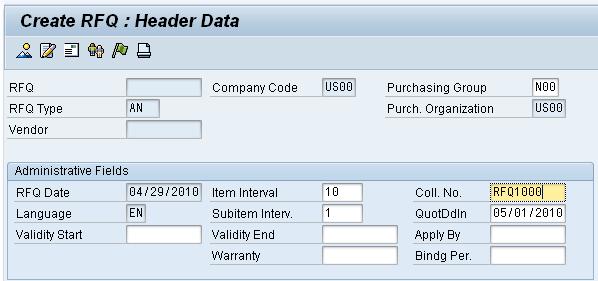 Then, click on to adopt all item information into the RFQ. In the Create RFQ : Item 00010 screen, click on to display the RFQ header data. Enter RFQ1### as Coll. No.