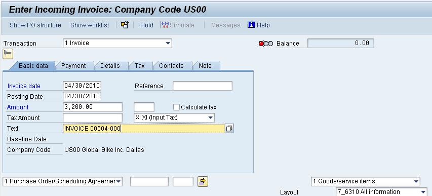 To create an invoice receipt, follow the menu path: Logistics Materials Management Logistics Invoice Verification Document Entry Enter Invoice This will produce the following screen.