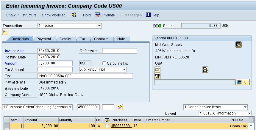 00) in the Amount field and select XI as Tax Code (field next to Tax Amount). Then, type in INVOICE 00504-### as Text and click on.