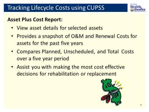 Since you will be using CUPSS lets look at this option first. The CUPSS tool is called the Asset Plus Cost report. This is a newly added feature to the CUPSS Version 1.3.9.