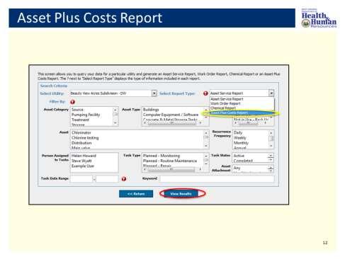 On the search screen you will need to: 1. Select the Asset Plus Costs Report (see yellow circle) 2.